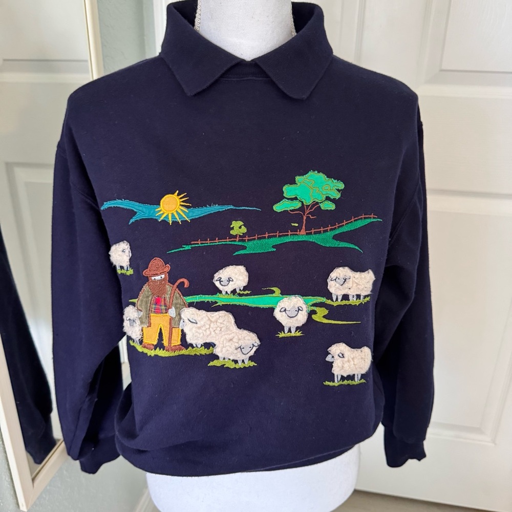 Vintage 90's Tulchan Collared Sheep Embroidered Cottagecore Blue Sweater Size S
